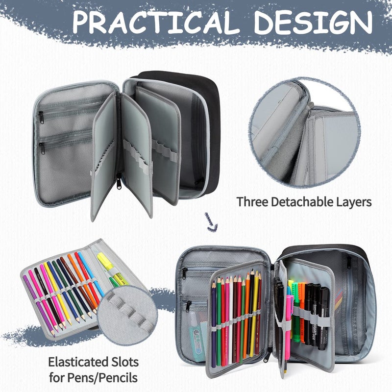 VASCHY Large Pencil Case, Art Color Pencils Pouch with Detachable Layers Multiple Zip Pockets for School Office Stationary Organization Black - Image 3